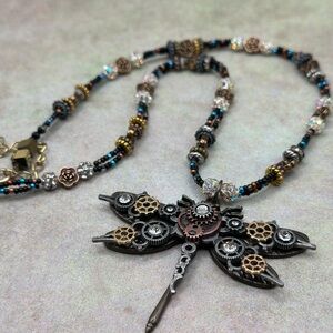Handcrafted Black and Gold Dragonfly Steampunk Necklace - Women Jewelry